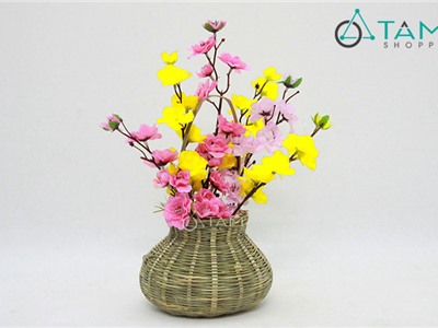 Giỏ hoa Tết Vintage bằng tre Mai đào số 08 cao 40cm